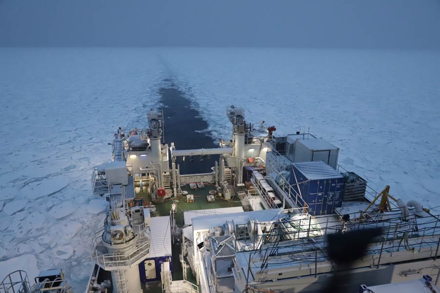 The Norwegian research vessel FF Crown Prince Haakon on the the GoNorth expedition at 18/10/22 for geophysical surveys in the Arctic Ocean, when encountered the sea ice north of Svalbard. Photo: Daniel Albert/GoNorth