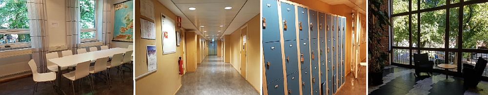 Bilder fra 2. etg i ZEB-bygningen hvor masterstudentene i geofag har lesesal. Fra venstre; pauseareal, gangen med bokskap, og trappehallen. Foto: GKT/UiO