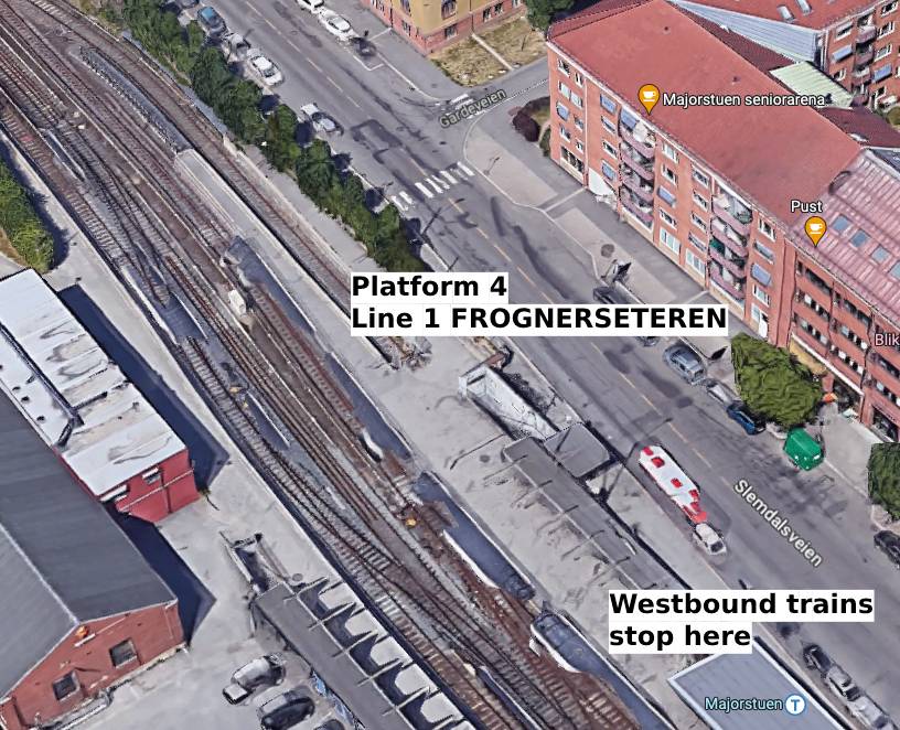 Aerial view of Majorstuen station and Platform 4