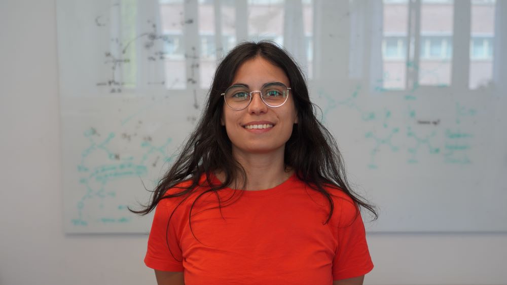 female scientist in chemsistry in front of a whitenboard. 