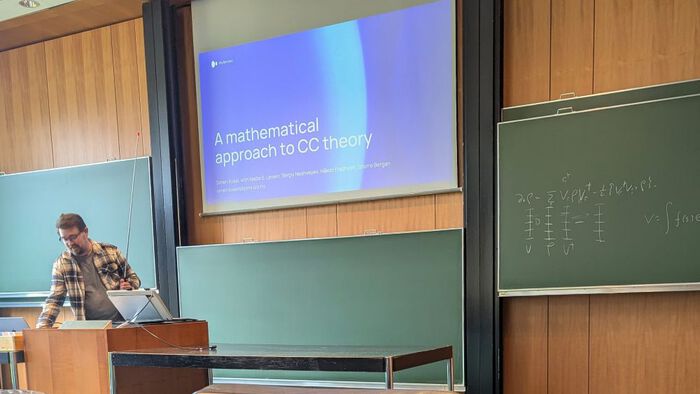 Scientist presenting his reseach in a seminar room.