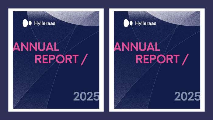 Front page of the annual report 2025 in shades of blue, grey and in pink writing.whte and silver. 