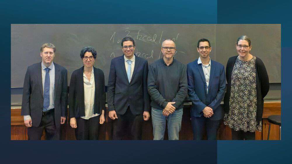 People standing in a row. From left: Researcher Erik Ingemar Tellgren (University of Oslo, Norway), Senior Researcher Ainara Nova Flores (University of Oslo, Norway, PhD Mohamed Eid Ahmed Safy (University of Oslo, Norway), Senior Researcher David Balcells Badia (University of Oslo, Norway), Professor Max Garcia-Melchor (CIC energiGUNE, Spain), and Professor Natalie Fey (University of Bristol, United Kingdom). 