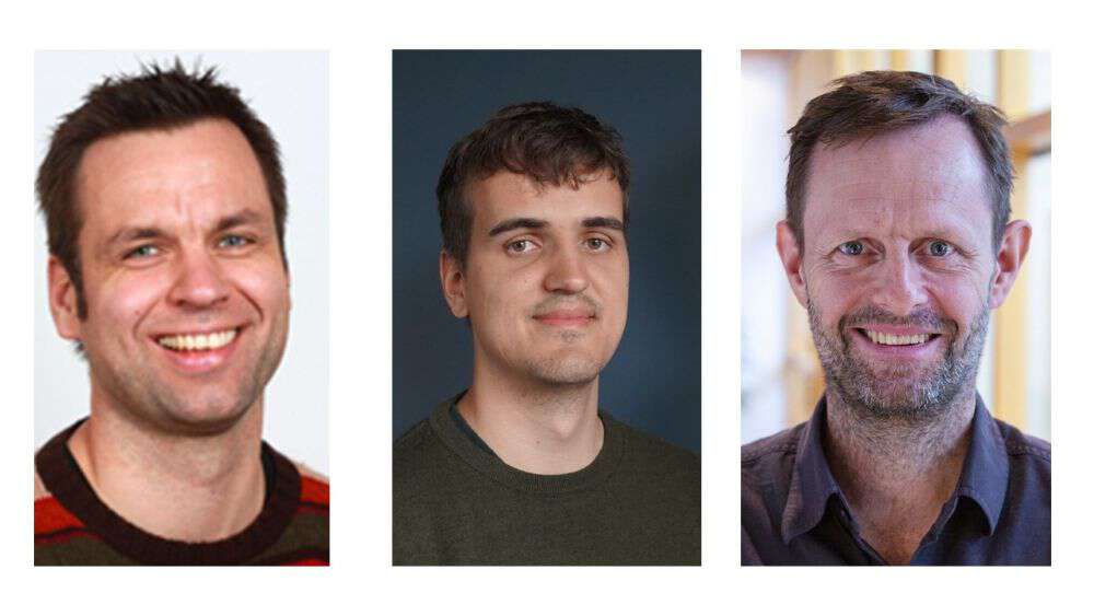 Portrait photo of thre male scientists. 