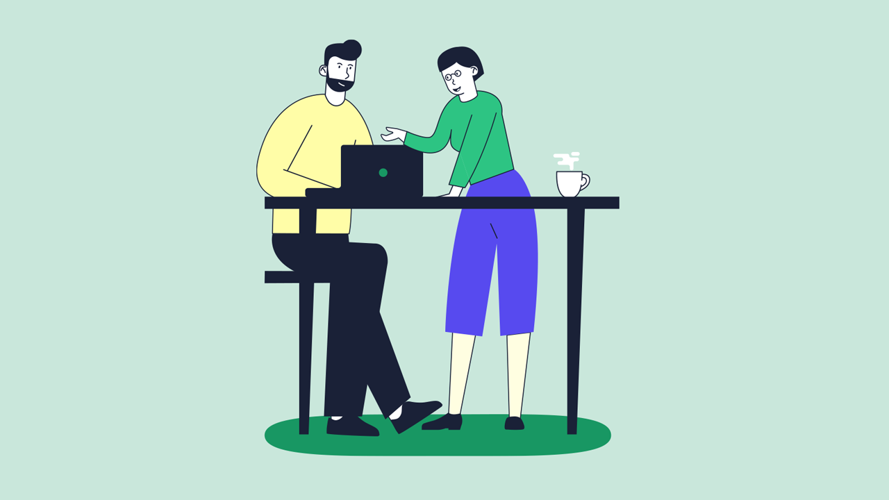 Drawing of a woman and a man talking, illustration