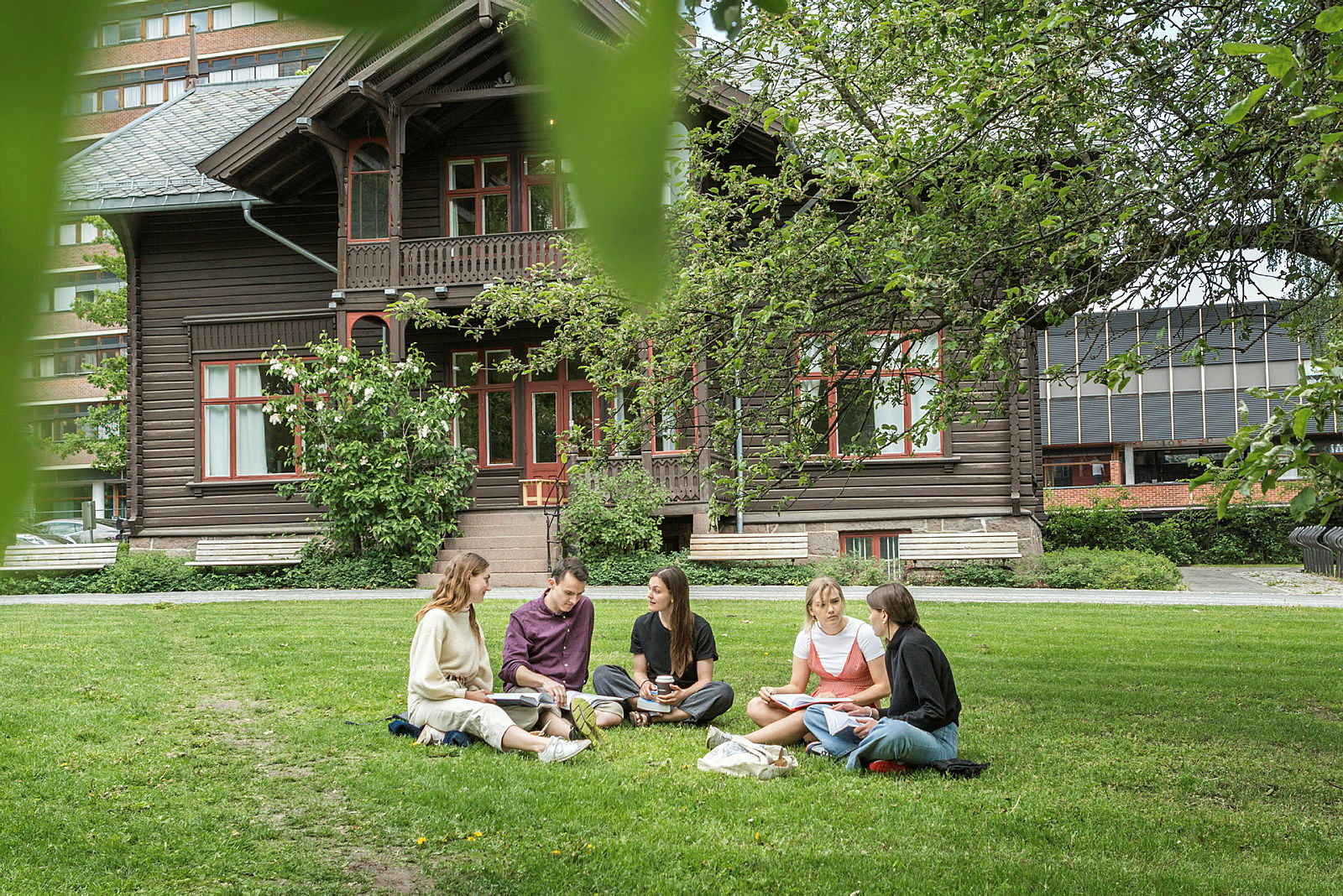 Studenter på campus en sommerdag i eksamensperioden juni 2019. Fra Frederikkeplassen, Ole-Johan Dahls hus, Georg Sverdrups hus, Sophus Bugges hus og utenfor Villa Eika.