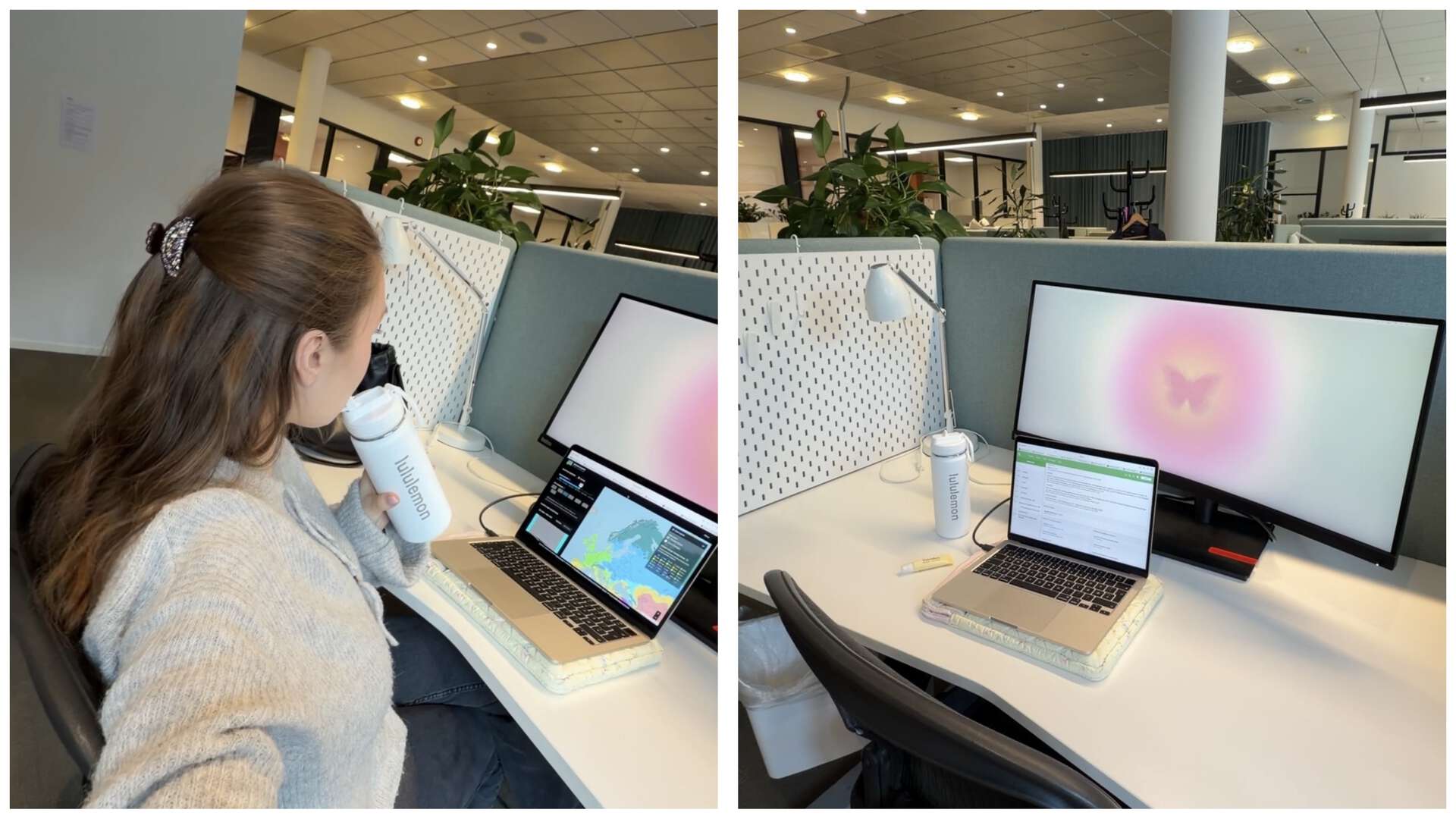 Foto av skrivebord, laptop og ekstern skjerm.