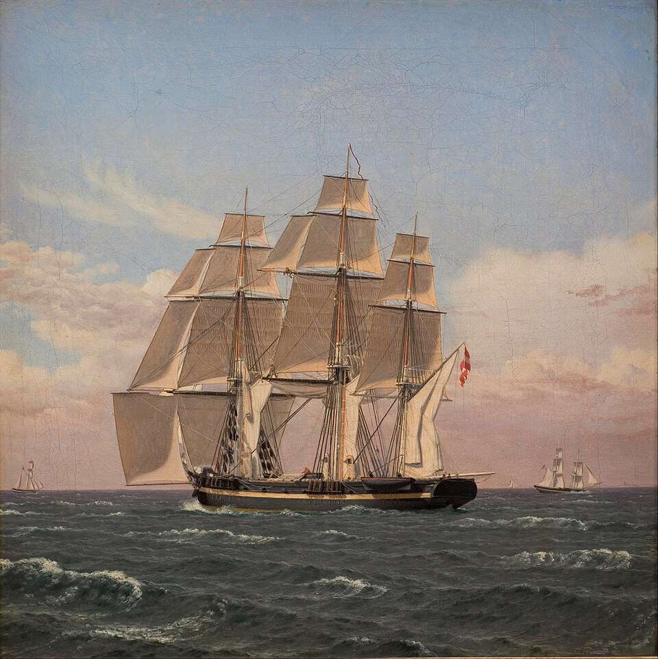 Korvetten Najaden under segl malt av Jden danske maleren Christoffer Wilhelm Eckersberg (1783–1853) Wikimedia Commens.