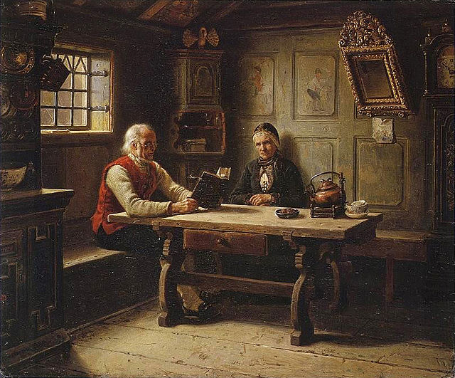 De ensomme gamle (Husandakt) malt av Adolph Tidemand (1849)