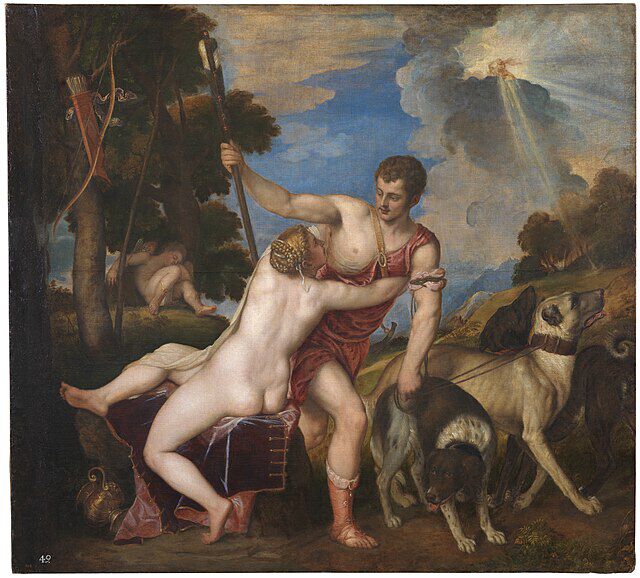 Venus aog Adonis malt i i ca. 1554av Tizian  (Tiziano Vecellio (ca. 1490-1576). Wikimedia Commens.  