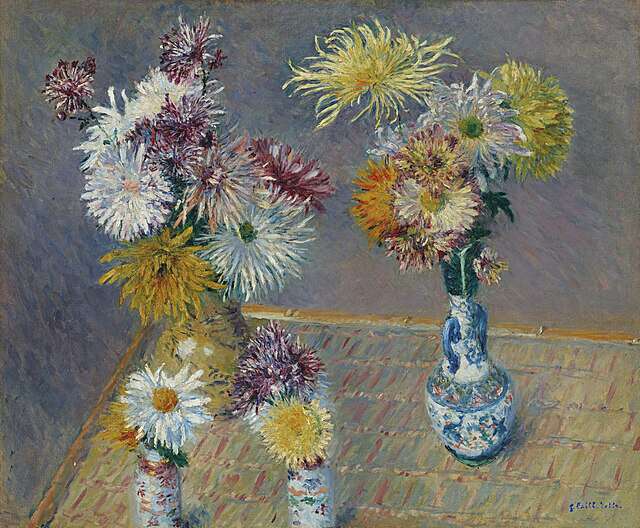 Quatre Vases de chrysanthèmes (Fire vaser med chrysanther) malt i 1893 av den franske maleren Gustave Caillebotte (1848-1894). Wikimedia Commons