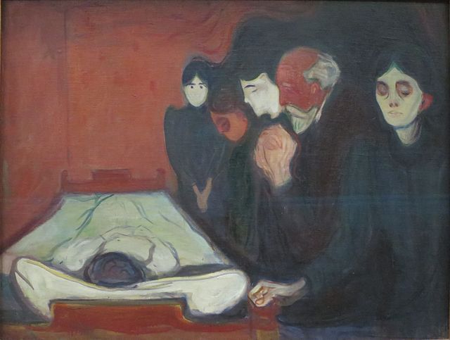 Ved dødssengen malt I12895 av Edvard Munch. Wikimedia Commons.