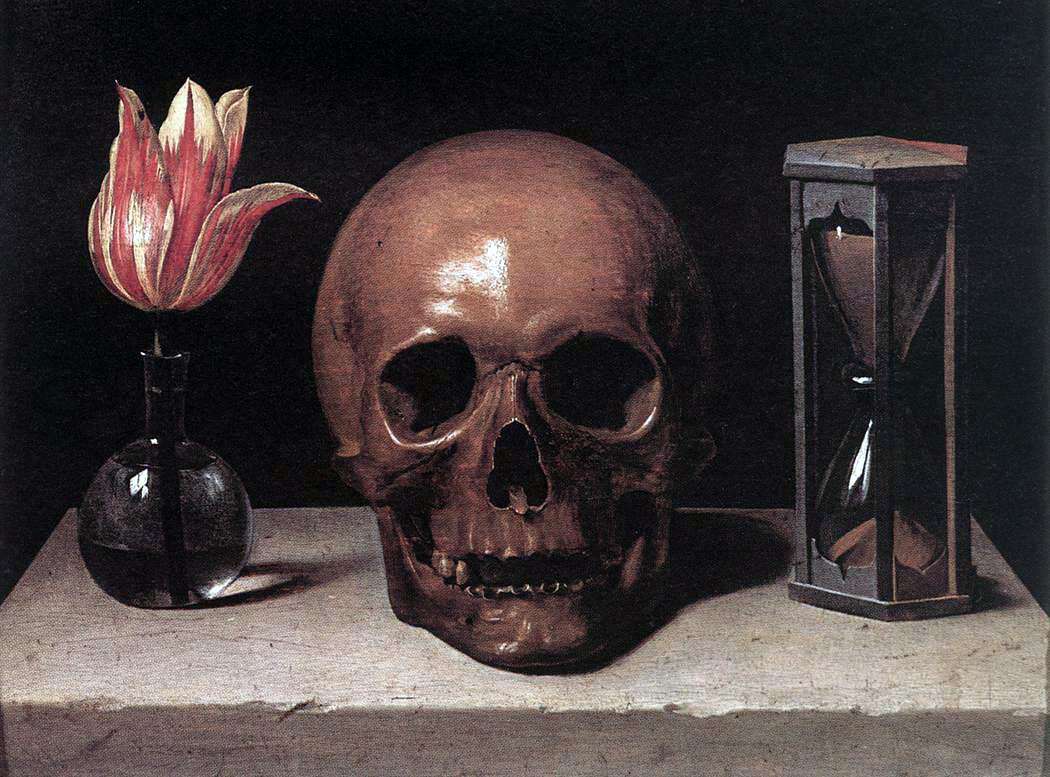 Vanitas med , livet, døden og tiden malt av malt av Philippe de Champaigne (1602-1674). Wikimedia Commons