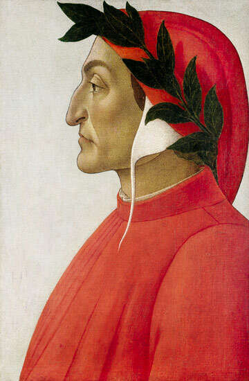 Dante Alighieri malt i 1495 av Ritratto di Sandro Botticelli (ca. 1445–1510). Wikimedia Commons