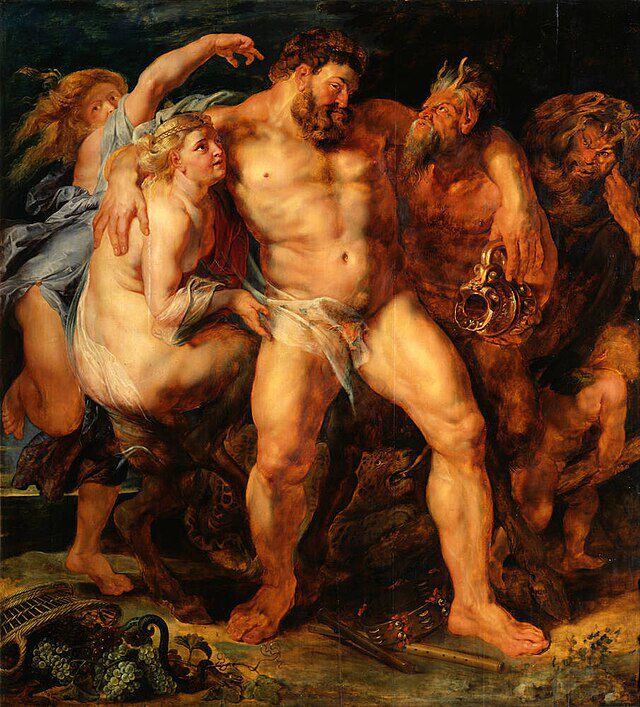 Full Herkules støttet av et par satyrer malt av Peter Paul Rubens (1577 -1640). Wikimedia Commons