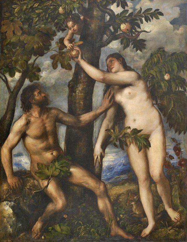 Menneskets fall (syndefallet) malt ca. 1550 av Titian (Tiziano Vecellio (ca. 1490–1576). Wikimedia Commens