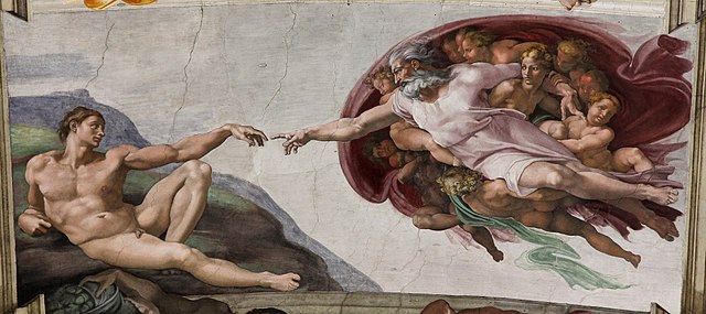 Michelangelos freskomaleri Gud skaper Adam (1508-1512) fra Det sixtinske kapellet, Vatikanet.