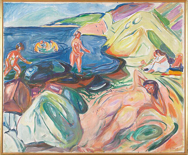 Solbading malt av Edvard Munch. Wikimedia Commons.
