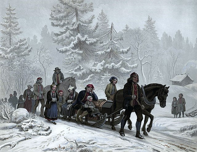 Likfølge. Norske Folkelivsbilleder 12 mmalt av Knud Larsen Bergslien (1827–1908). Fra Wikimedia Commens.