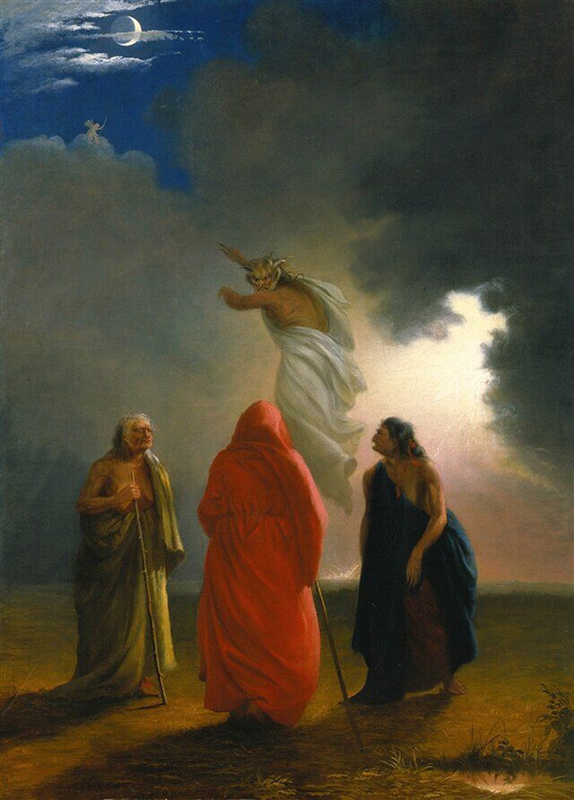 Tre hekser i en scene fra Macbet malt av William Rimmer (1816-1879). Wikimedia Commons