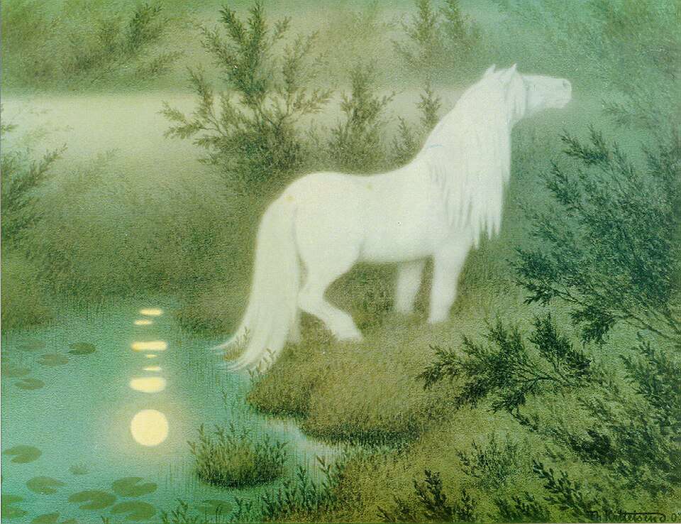 Nøkken som hvit hest malt av Theodor Kittelsen. Wikimedia Commons