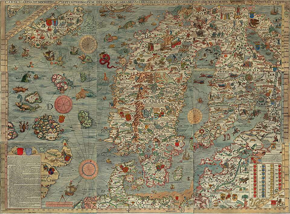 Sjøkartet Carta marin laget og illustrert av Olaus Magnus og viste dNorden, trykt i Venezia 1527-1539. Wikimedia Commons