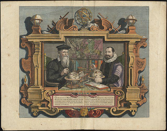 Gerardus Mercator natus og Jodocus Hondius gravert 1628 lav nederlandske Colette van den Keere (1568–1629). Wikipedia Commons.