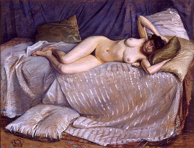 Naken kvinne på divan malt i 1873 av den franske maleren Gustave Caillebotte (1848-1894). Wikimedia Commons