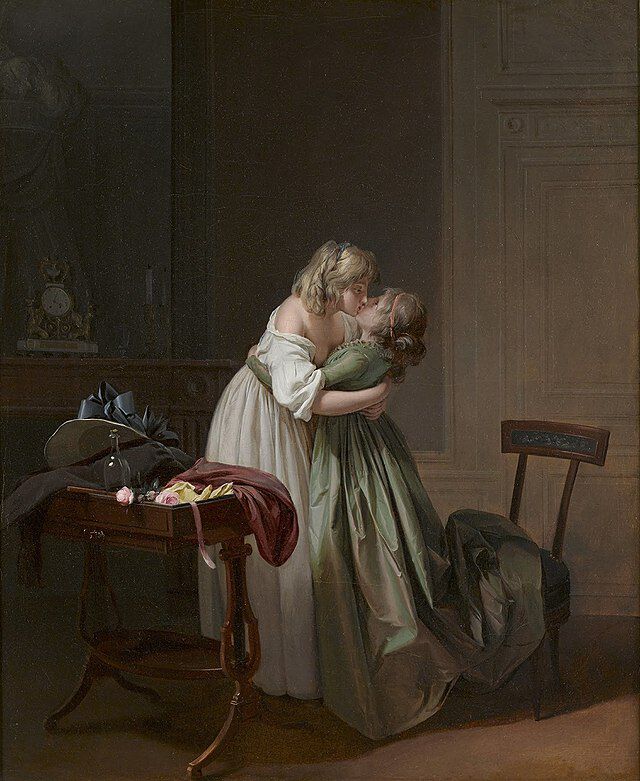 To unge kvinner som kysser malt av den franske maleren Louis-Léopold Boilly  (1761-1845). Wikimedia Commons.