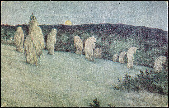 Kornstaur i måneskinn av Theodor Severin Kittelsen (1857–1914), postkort. Wikimedia Commons.