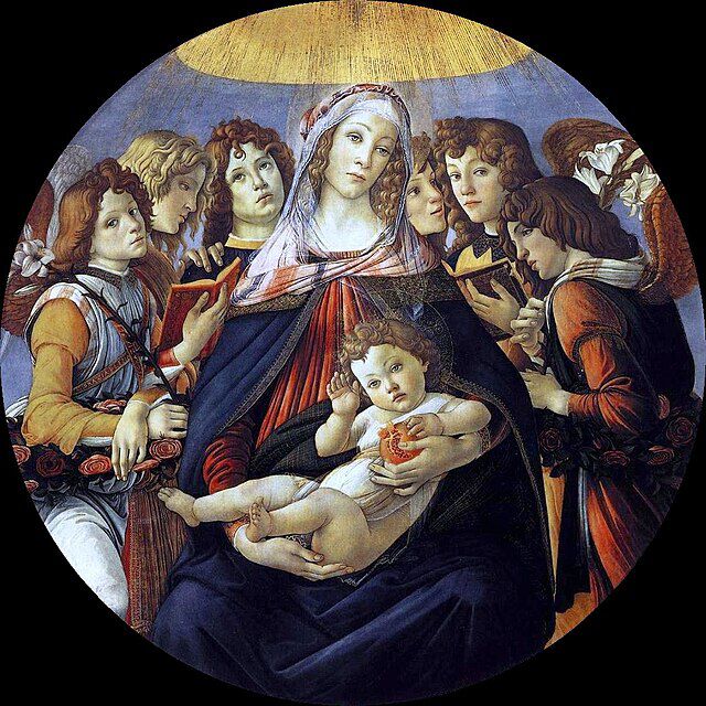 Madonna og granataple malt av den italienske maleren  Sandro Botticelli (1445-1510). Wikimedia Commons.