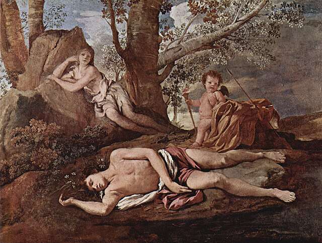 Ekko og  Narcissus malt 1627 av den franske maleren   Nicolas Poussin (1594 -1665). Wikimedia Commons.