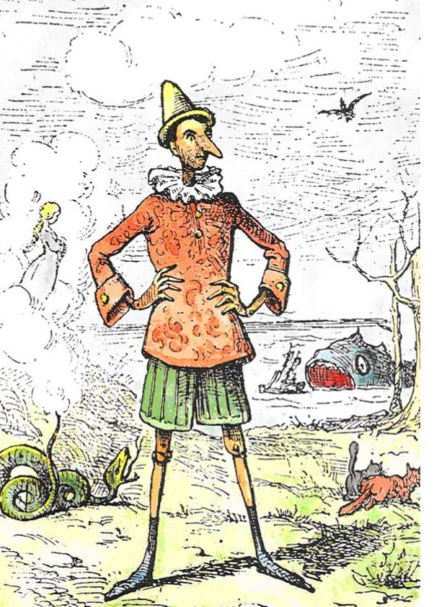 Pinocchio, illustrasjon tegnet av italieneren Enrico Mazzanti (1852-1910). Eventyret om en marionettdukke so m blir levende, laget av en fattig treskjærer.Wikimedia Commens.