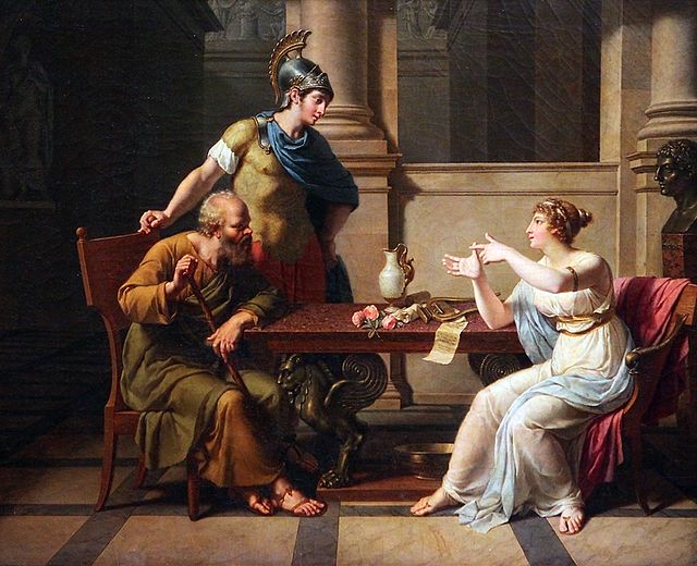 Debatt mellom Sokrates og Aspasia, malt av franske Nicolas-André Monsiau (1754 –1837). Wikimedia Commons