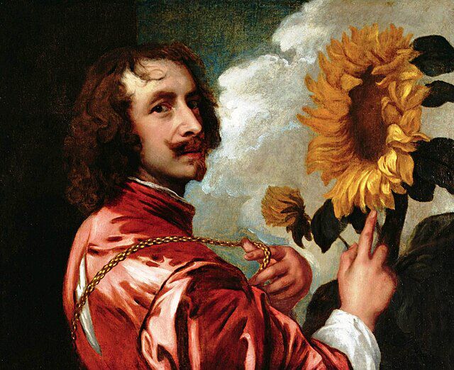 Selvportrett av den flamske maleren Anthony van Dyck (1599 -164) med solsikke. Wikimedia Commons. 