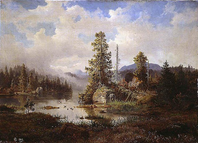 Fra Nordmarka malt av Hans Gude (1825–1903). Wikimedia Commens