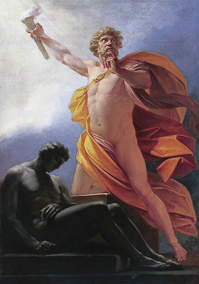 Prometeus bringer ilden til menneskeheten malt i 1817av den tyske maleren Heinrich Füger (1751 -1818). Wikimedia Commens