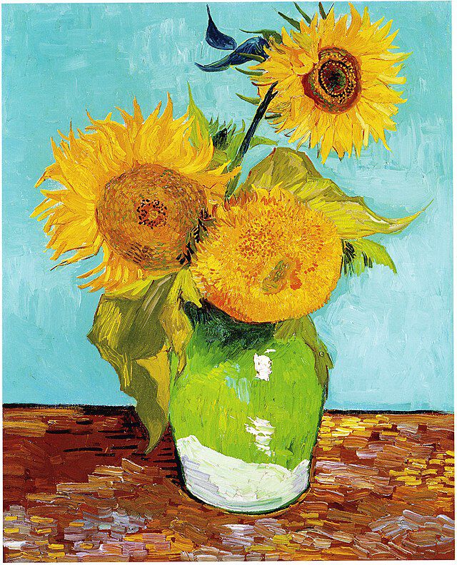 Tre solsikker malt av Vincent Willem van Gogh. Wikimedia 