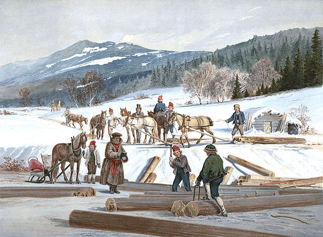 Tömmerkjörsel og mærkning malt av den norske maleren Johan Fredrik Eckersberg (1822–1870). Wikimedia Commons.  