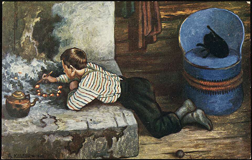 Askeladden i grua. "Han ville aldrig gjøre noget, bare ligge og grave i asken" malt av Theodor Kittelsen. Wikimedia Commons.