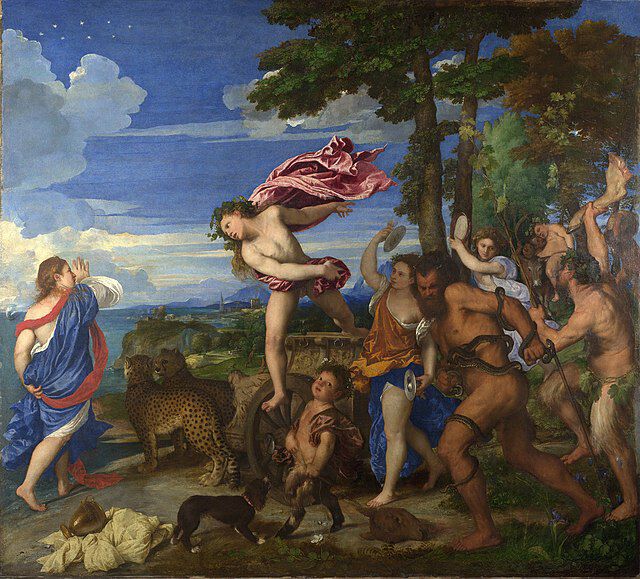 acchus og Ariadne. Maleri Tizian (Tiziano Vecello (c. 1487-1576)