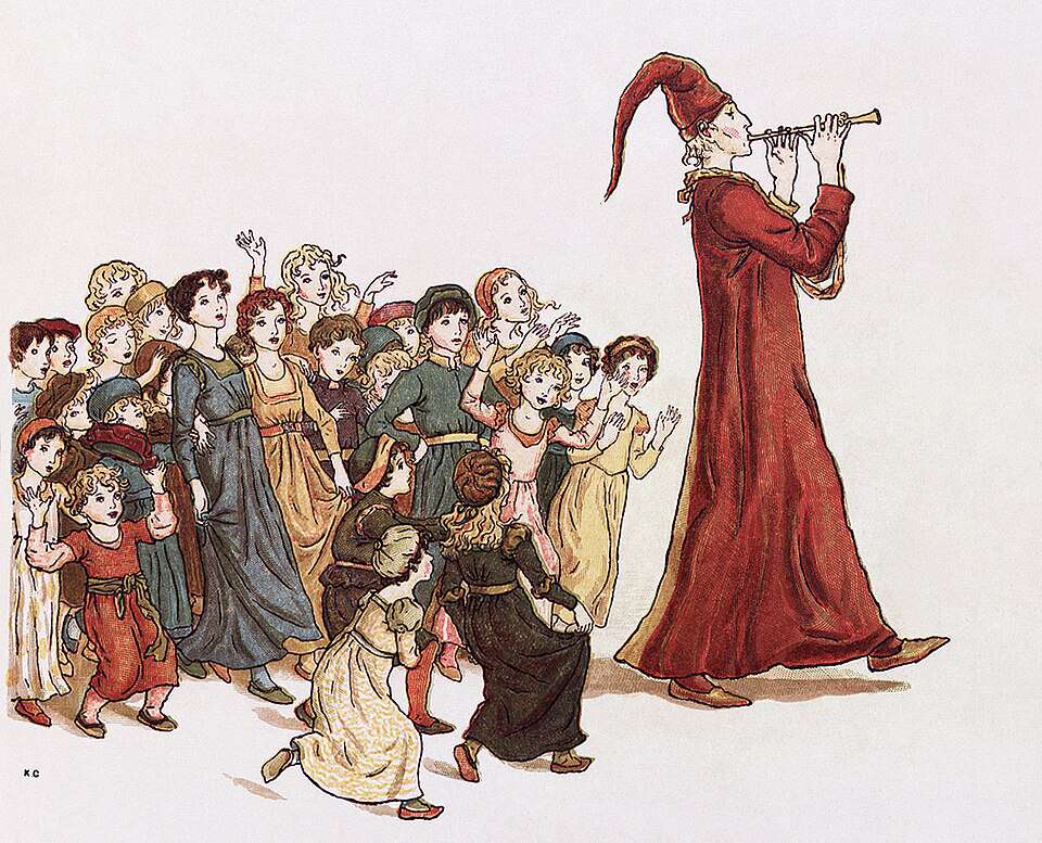 Rottefangeren fra Hameln. Illustrasjon fra The Pied Piper of Hamelin og Edmund Evans (1826 - 1905). Wikimedia Commons