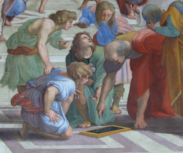 Euklid med passer og geometrisk konstruksjonstegning Et utsnitt fra Rafaels freske i Vatikanet, Skolen i Athen