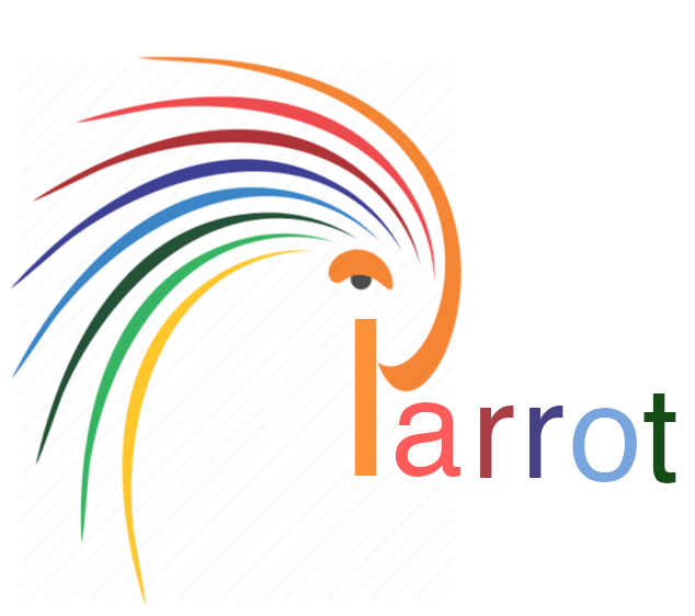 Logo with the letters "Parrot" where the P is adapted to indicate the head of the parrot bird
