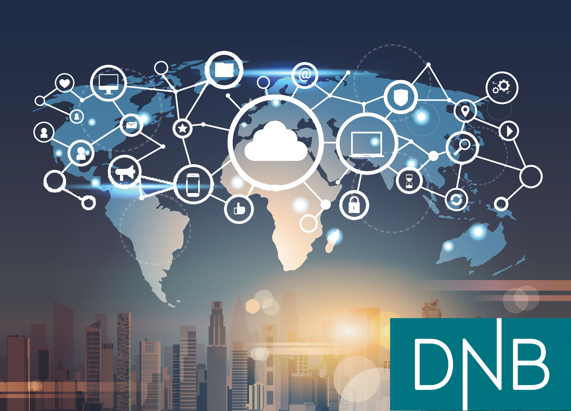 A stylized map of the world with logos interconnected by lines. DNB logo bottom right. 
