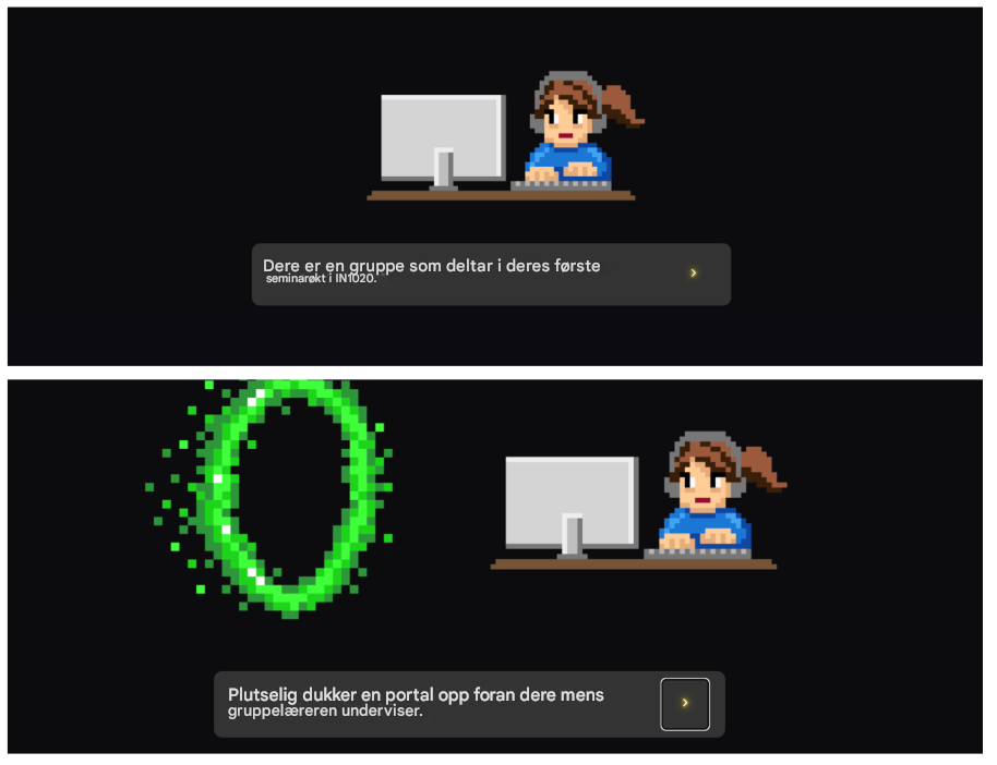 Pixelillustrasjon av student ved PC der et grønt portal åpner seg i undervisningssituasjon.