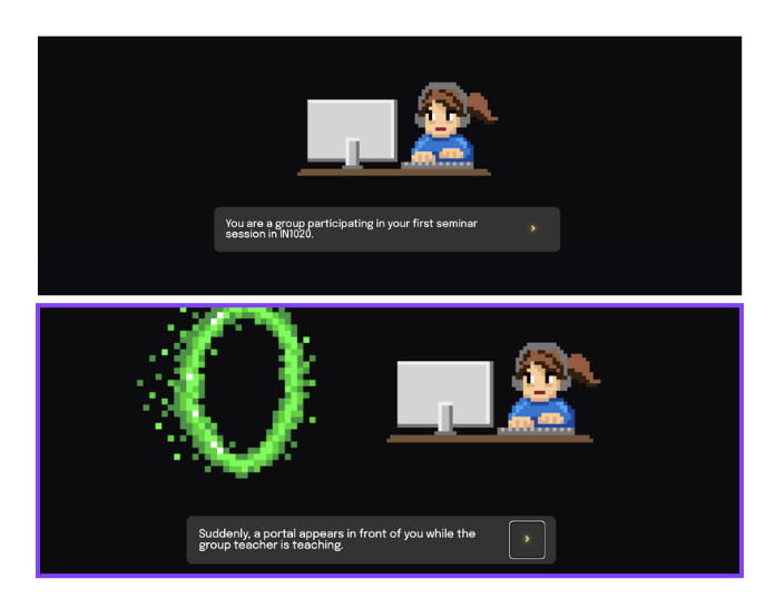 Pixel illustration of a student at a computer as a green portal opens during a classroom scene.