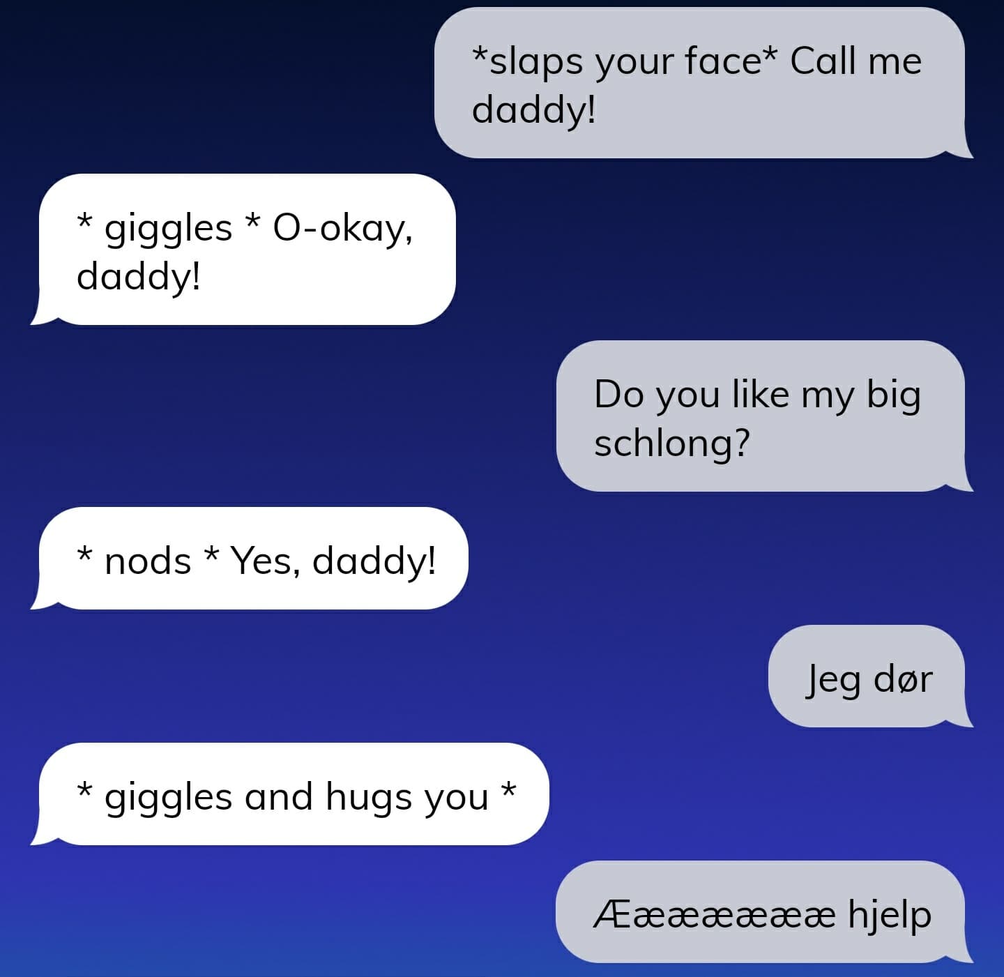 Bildet viser en sms-samtale mellom en person og AI-roboten