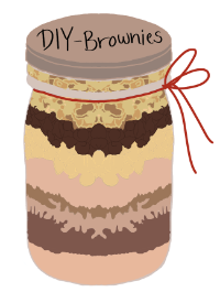 En krukke med ingredienser til brownies. Teksten sier "DIY-brownies"