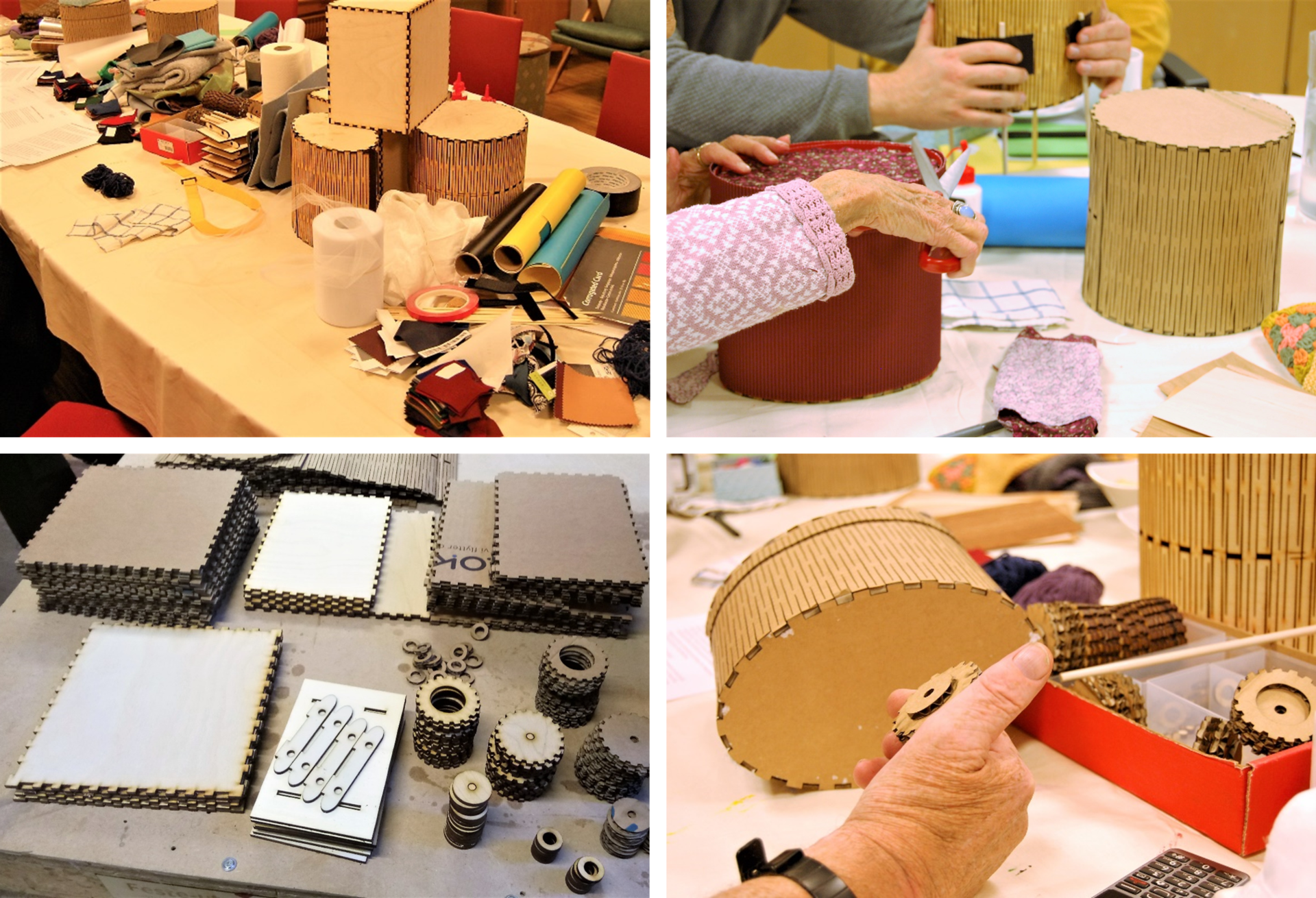 Bilder fra prototyping med deltagere; ulike materialer, hensom som lager modeller